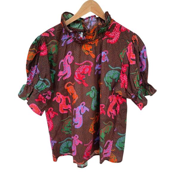 Fox & Hen Wild Cats Puff Short Sleeve High Ruffle Neck Feminine XL Blouse Top - Picture 3 of 10
